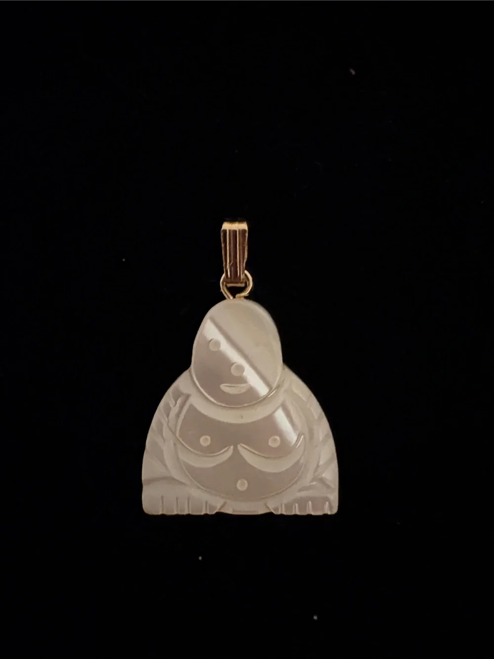 Vintage Carved Mother-of Pearl Smiling Buddha Pendant with Gold Tone Bail